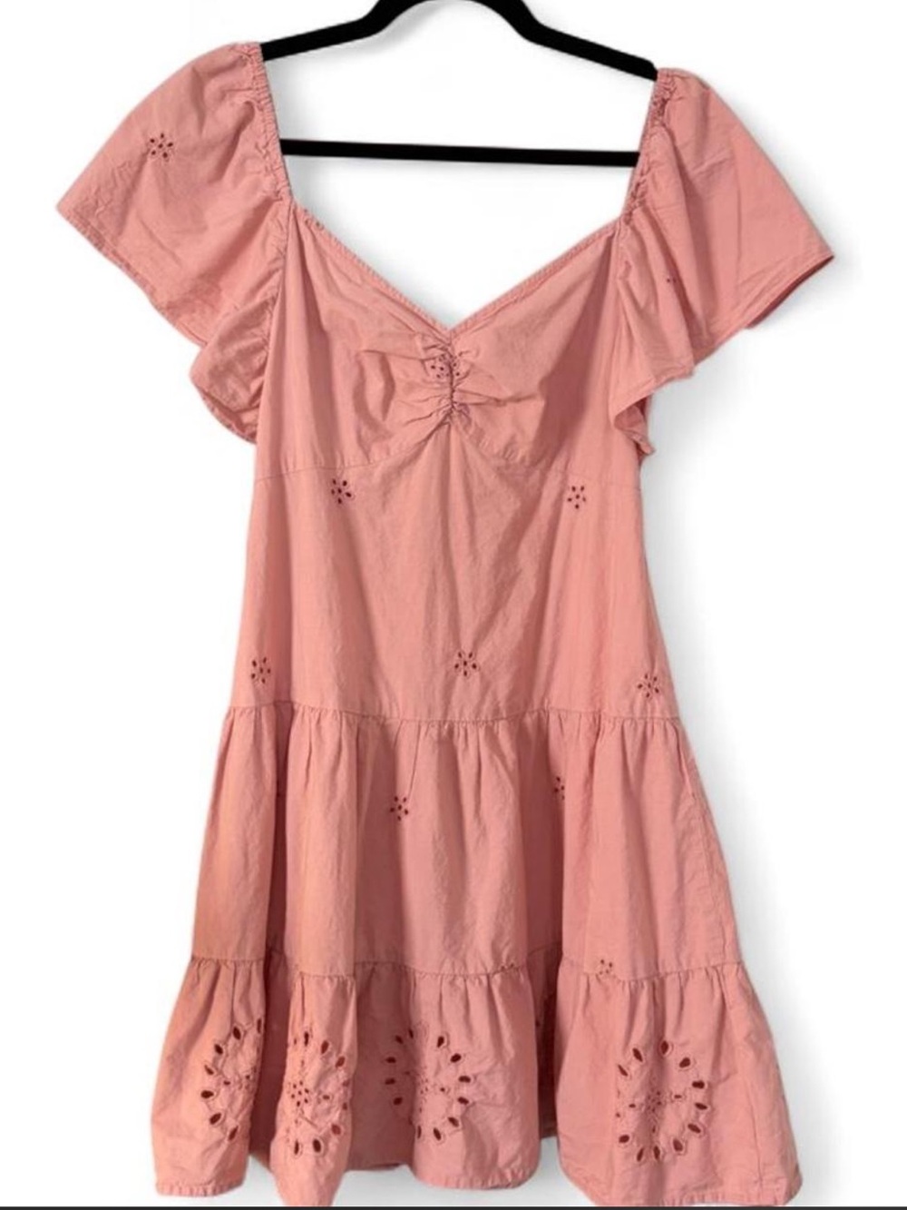 Zara Pink Eyelet Flutter Sleeve Tiered Mini Dress